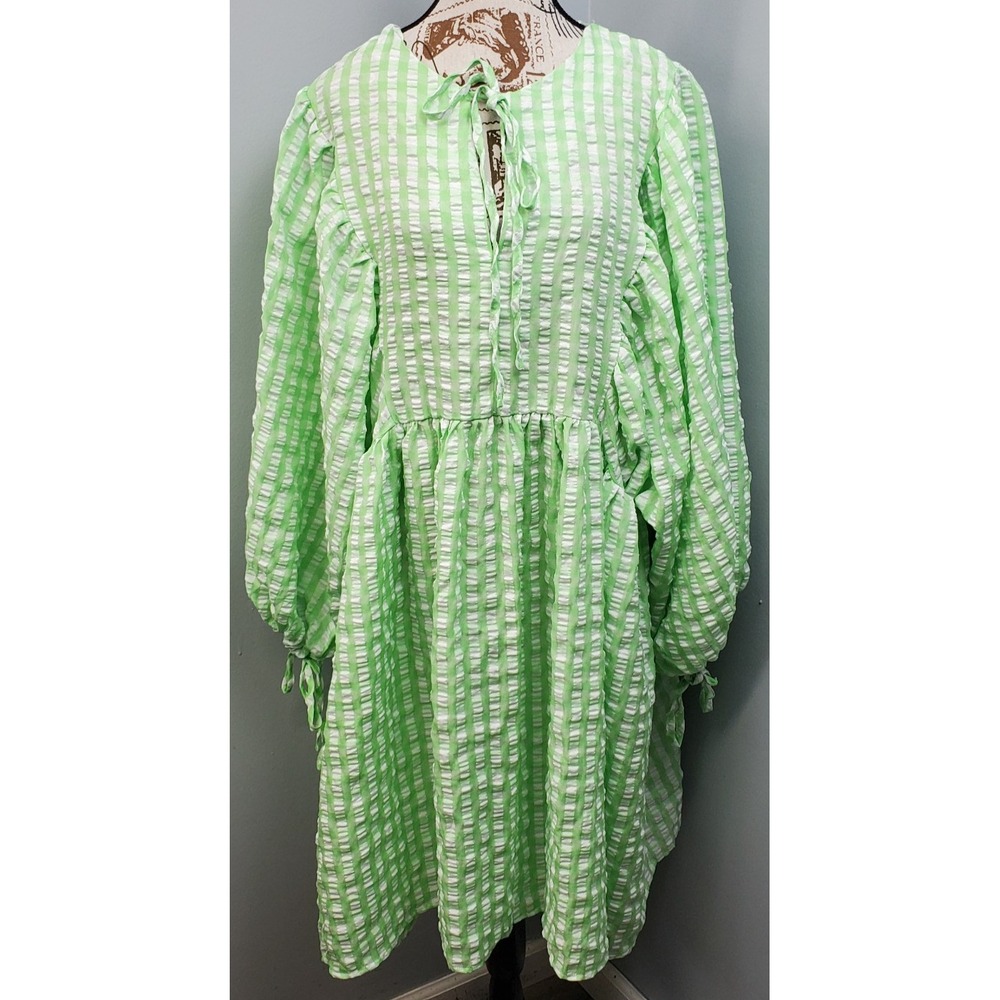 Boohoo Smock Dress Womens 24 Green White Gingham Textured Blouse Sleeve Tie Neck